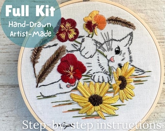 Cat & Pansy Embroidery Kit: DIY Floral Wall Decor, Fall Colors