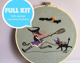 Halloween full embroidery KIT, Witch girl and kitty, modern embroidery kit, Halloween DIY craft, pre printed fabric, Halloween decoration