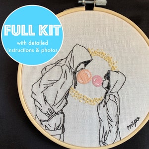 Beginner embroidery kit, Bubblegum, Romantic embroidery, Pattern pre-printed fabric, Cool embroidery, Artsy Love art, Chic embroidery