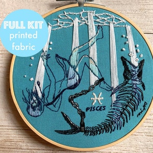 PISCES Zodiac embroidery, Astrology hand embroidery kit, fish bone art, modern art, dark embroidery kit, animal unique cool embroidery
