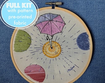 Rainy Day embroidery - Umbrella - Full embroidery kit, with the pattern printed fabric, Colorful embroidery pattern, DIY embroidery kit