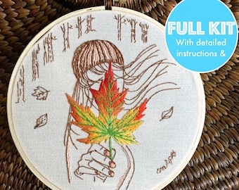 Autumn Leaf &quot;Breezy&quot; embroidery, colored leaf embroidery, Fall art, Fall embroidered, embroidery kit, embroidery pattern, DIY fall craft,