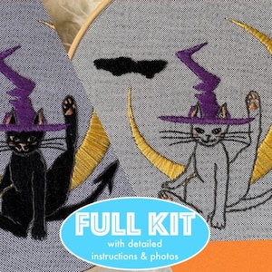 Witch Cat Embroidery Kit: Beginner Halloween DIY Craft, DMC Floss