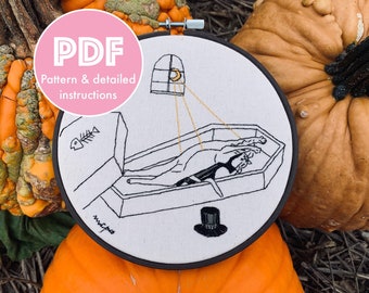 Beginner embroidery pattern, Vampire Cat Awakens,Halloween Hand embroidery pattern,Funny embroidery motif, Silly cute cat,Unique embroidery