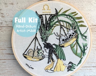 Libra Zodiac Full Embroidery Kit: Dragons & Skulls, Dark Halloween Wall Art