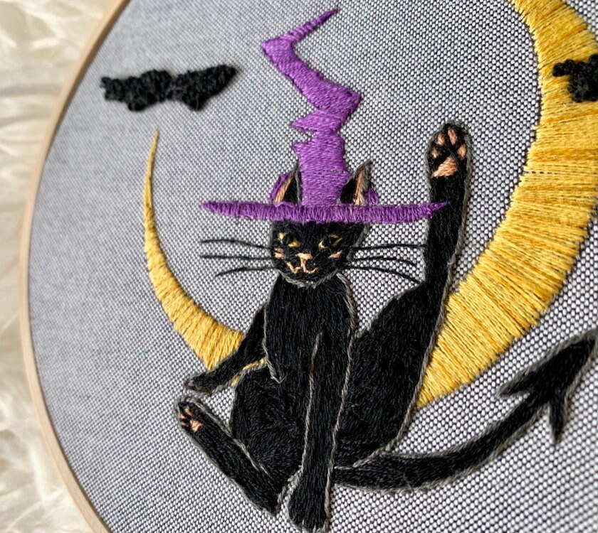 Witch cat embroidery beginner halloween embroidery kit diy  etsy