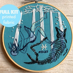 PISCES Zodiac embroidery, Astrology hand embroidery kit, fish bone art, modern art, dark embroidery kit, animal unique cool embroidery