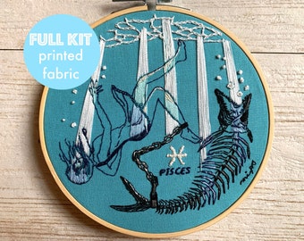 PISCES Zodiac embroidery, Astrology hand embroidery kit, fish bone art, modern art, dark embroidery kit, animal unique cool embroidery