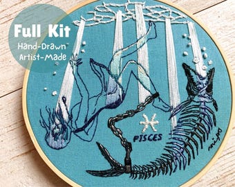 Pisces Zodiac Embroidery Kit – Dark Mystical Design | Constellation Embroidery, Unique Astrology Gift, Pre-Printed Fabric, DIY Kit