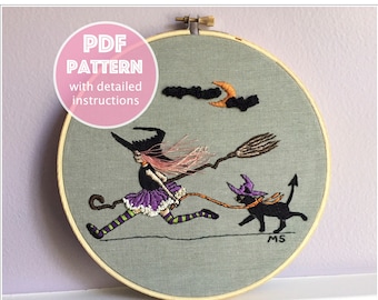 Halloween Embroidery PDF pattern, DIY Witch girl and kitty pattern instant download, Girl with cat,modern stitch, halloween decoration
