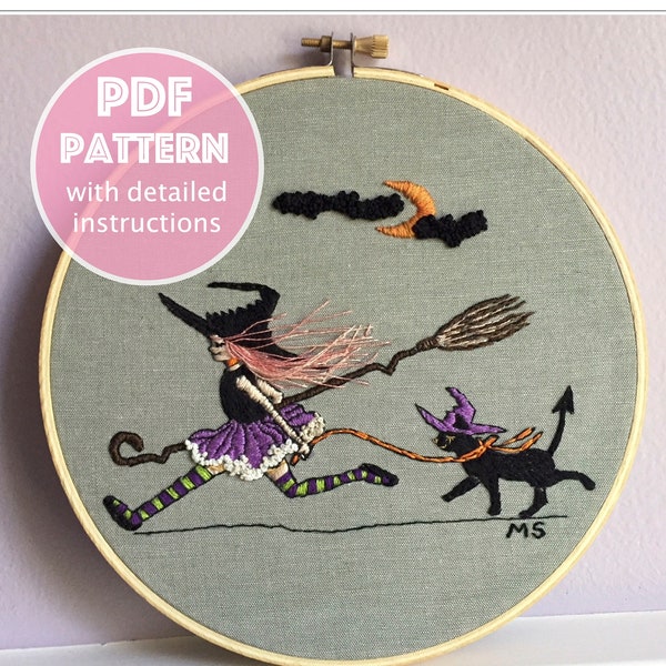 Halloween Embroidery PDF pattern, DIY Witch girl and kitty pattern instant download, Girl with cat,modern stitch, halloween decoration