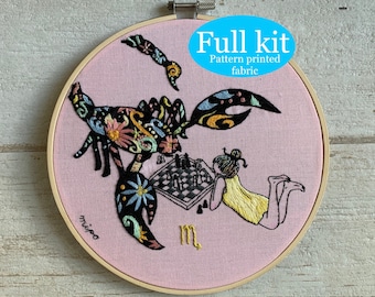 Scorpio embroidery, Zodiac embroidery kit, Astrology sign art, unique embroidery design DIY kit, Chess with monster, Scorpion modern art