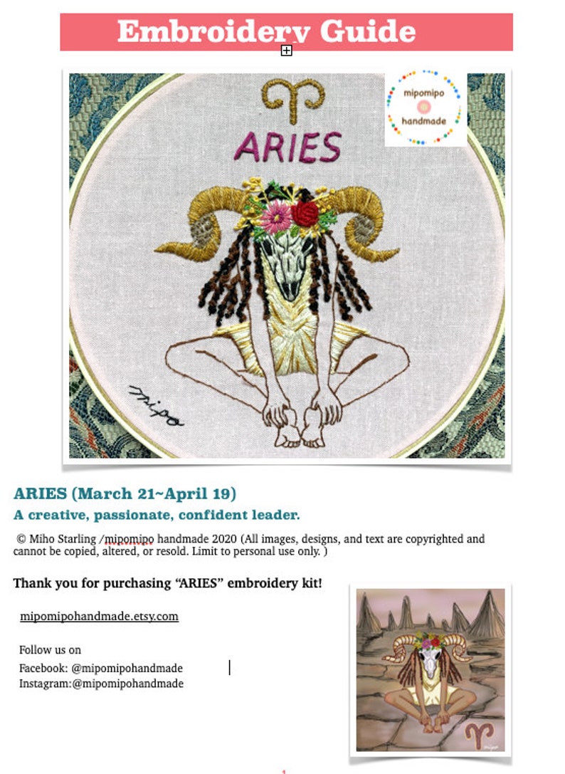 Skull Embroidery Zodiac Embroidery Kit ARIES April Birthday Etsy