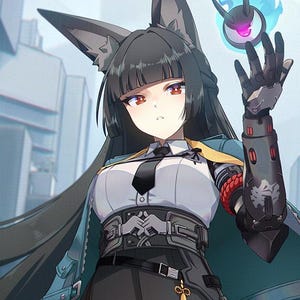 May include: An anime-style character with long black hair and fox ears, wearing a white collared shirt, black tie, and a dark grey skirt with a mechanical belt. The character has a robotic arm and holds a glowing blue orb with a purple eye above it.