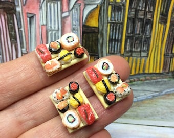 Miniature Sushi, 6 individual items on bamboo board. Hand made fascinatingly realistic. To grace your dollhouse or diorama.