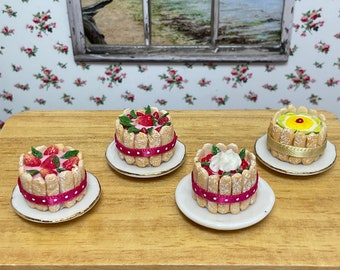 Miniature Charlotte Russe Cake on ceramic plate. 4 varieties, all carefully hand made in the UK to grace your dollhouse dining table.