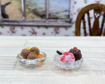 Two miniature ice cream desserts. In cut glass (plastic) button dishes.  "Borrowers" and fairy inspired miniature food . Hand made in U.K.