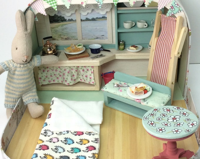 Featured listing image: Sunny Beach Hut 2 - suitcase diorama. Featuring a sweet little Beach Hut nestled inside a floral suitcase. Complete with over 20 accessories