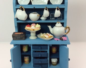 Beautiful 1/12 scale dollhouse dresser, Wedgwood blue. With tea for two, sandwiches, cakes, sweets, biscuit tin - 26 individual accessories
