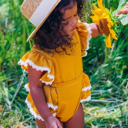 Yellow Baby Girl Romper Vintage Baby Romper Baby Girl Ruffle Etsy