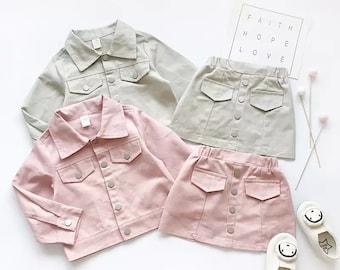 pink denim skirt outfit