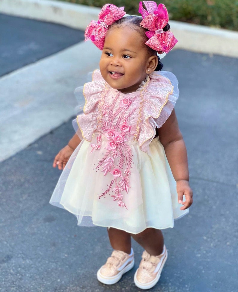 Adorable Floral Detail Baby Dress Baby Birthday Dress Blush Pink Rose Gold