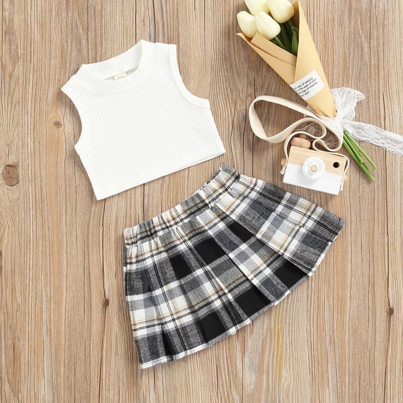 2 Piece Plaid Skirt & Crop Top Outfit Black and White - Etsy Canada