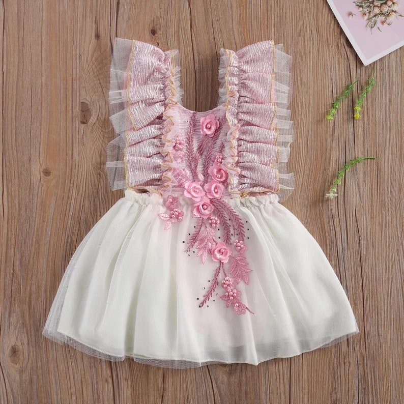 Adorable Floral Detail Baby Dress Baby Birthday Dress Blush Pink Rose Gold