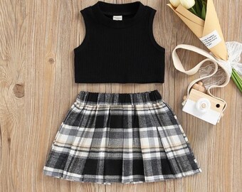 2 Piece Plaid Skirt & Crop Top Outfit | Black and White