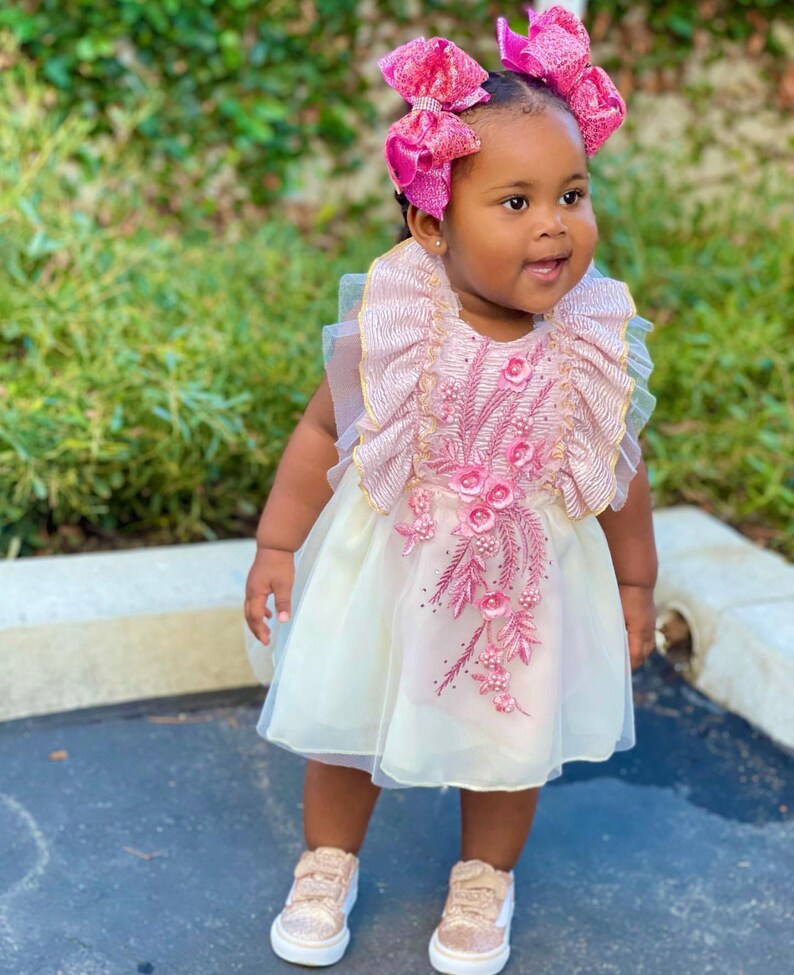 Adorable Floral Detail Baby Dress Baby Birthday Dress Blush Pink Rose Gold