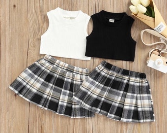 2 Piece Plaid Skirt & Crop Top Outfit | Black and White