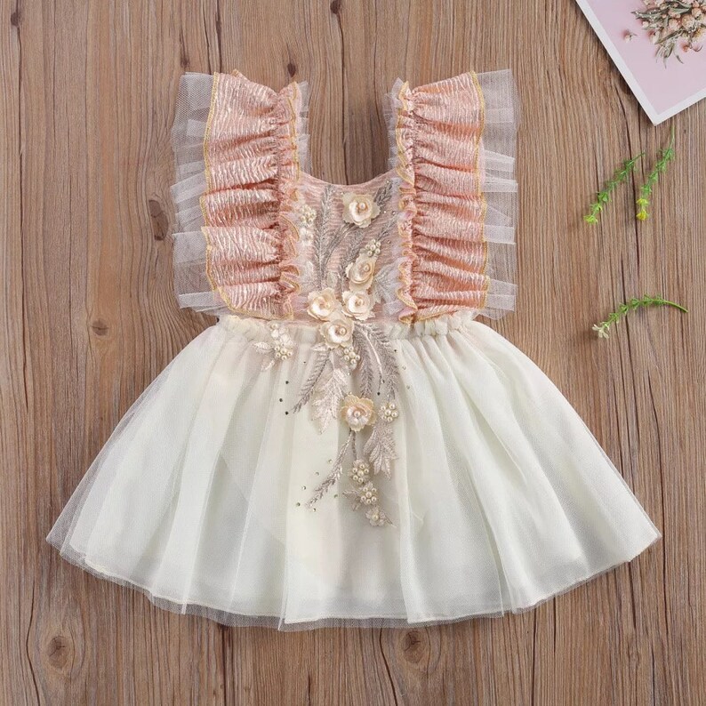Adorable Floral Detail Baby Dress Baby Birthday Dress Blush Pink Rose Gold
