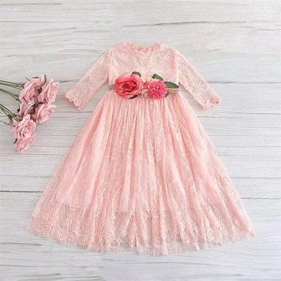 Long Pink Lace Flower Girl Dress With Flower Belt - Etsy