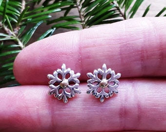Silver Snowake Earrings, Silver and Gold Earrings, Snowflake Jewelry, Statement Earrings, Stud Snowflake, Dainty Earrings, 835 A