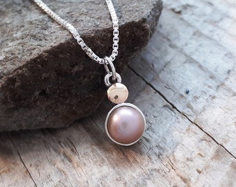 Silver Sun and Moon Pendant with Gold dot and champagne pearl, Pendant with Pearl and Gold, Sterling Pendant, Silver Necklace, # 840 PR