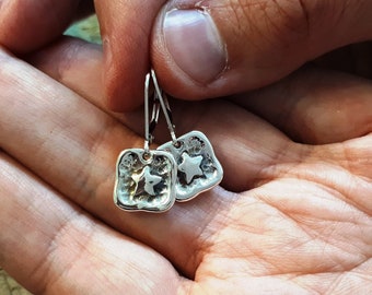 Wax seal earrings, Silver square earrings, Silver dangle earrings, Star earrings, Hammered earring, Handmade, Earrings #830