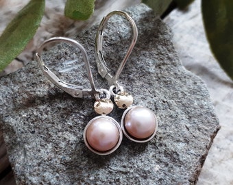 Silver Earrings with Champagne Pink Pearls, Silver and Gold earrings with freshwater pearls, Hanging Champagne pearls, Handmade,  #840 R