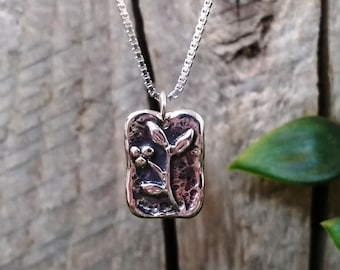 Wax seal pendant, Silver flower rectangle pendant, Leaf pendant, Hammered brutalist silver fern necklace, Square pendant, Handmade #P 821
