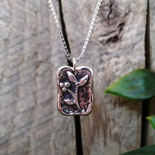 Wax seal pendant, Silver flower rectangle pendant, Leaf pendant, Hammered brutalist silver fern necklace, Square pendant, Handmade #P 821