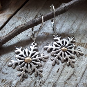 Silver Snowake Earrings, Silver and Gold Earrings, Snowflake Jewelry, Statement Earrings, Dangle Snowflake, Charm Earrings, 836B image 1