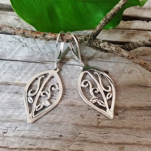 Leaf earrings - Silver gypsy petal earrings, Dangle earrings, Floral lace boho earrings, Large earrings, Handmade, Statement earrings #809A
