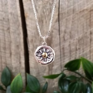 Sun wax seal pendant, Wax stamp gold sun pendant, Silver charm pendant, Brutalist hammered round necklace, Handmade, Ship wheel  # P 826