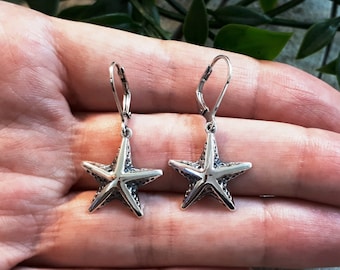 Silver Dangle Starfish earrings, Sea star earrings, Sterling silver dangle earrings, Organic, Handmade, Beach Earrings #119 A