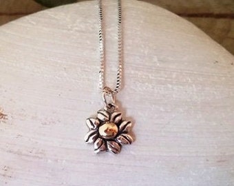 Dainty Silver Sunflower Pendant with Gold dot, Flower pendant, Silver necklace for women, Handmade, Pendant #125
