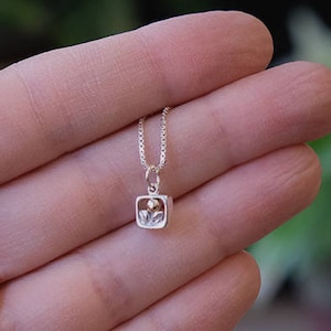 Dainty Silver Square Pendant with Solid Gold, Sterling silver square & floral pendant with 10k gold, Handmade, Pendant #102.P