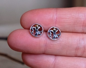 Dainty Silver and Gold Moon Earrings, Sterling coin stud earrings with 10k solid gold, Handmade, Earrings #113.A