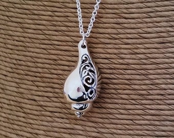 Silver Shell Pendant with Lace, Large shell pendant, Sterling Silver Long Shell Pendant, Large Shell Pendant, Handmade, Medallion #134