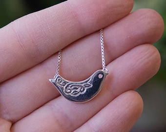 Silver Bird Pendant, Silver Bird with Engraved Lace Necklace, Bird Pendant for women, Handmade, Pendant #124