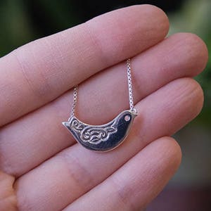 Silver Bird Pendant, Silver Bird with Engraved Lace Necklace, Bird Pendant for women, Handmade, Pendant 124 image 1