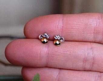 Silver Dainty Stud Earrings with Solid Gold Dots, Floral design stud earrings, Handmade, Earrings #110